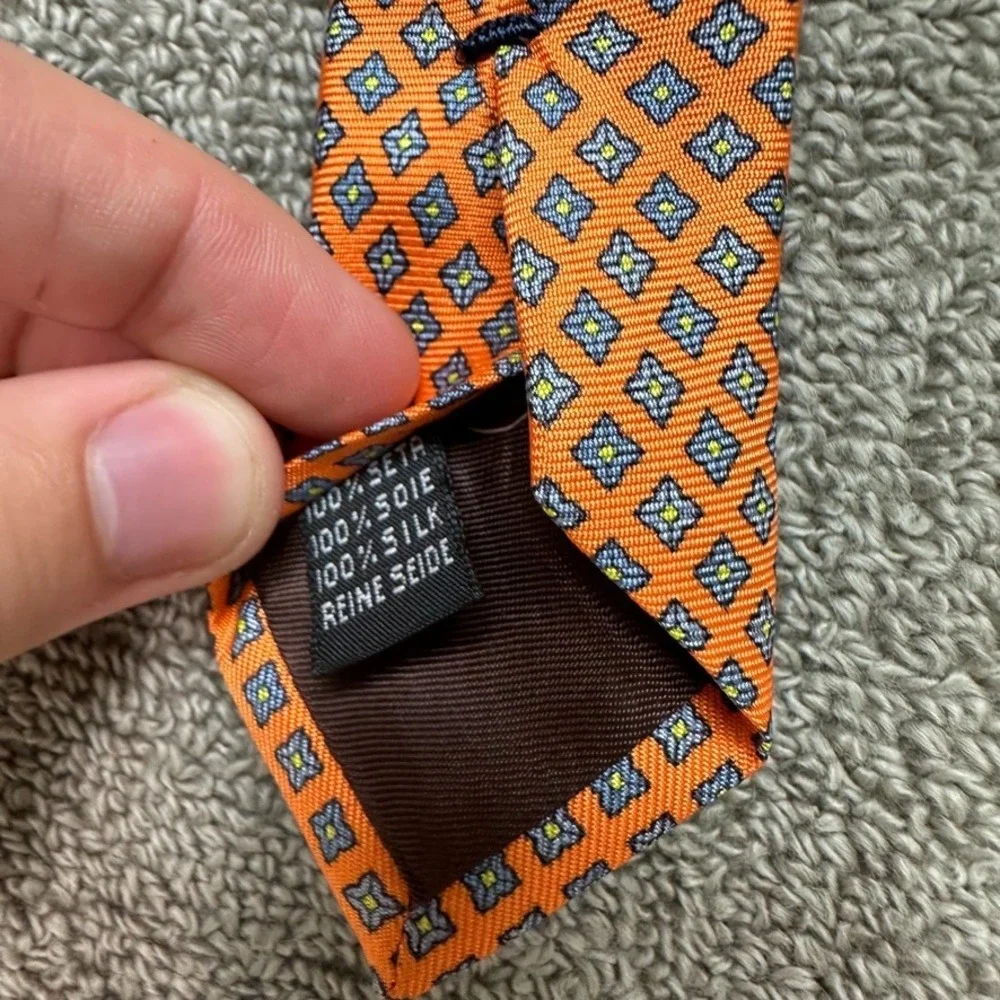 Arcuri Silk Tie Orange Blue Geometric Medallion Pattern Mens Necktie Italy
